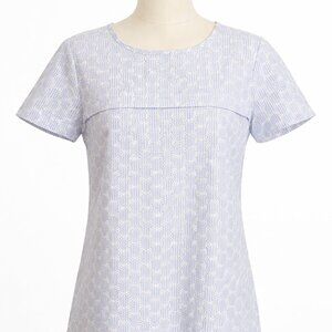 J.Crew Blue & White Seersucker Eyelet Lace Blouse – Black Bow Tie – Size 2